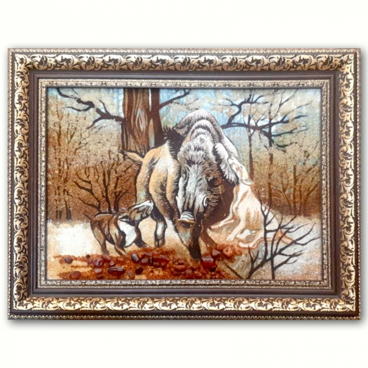Картина Охота на кабана из янтаря