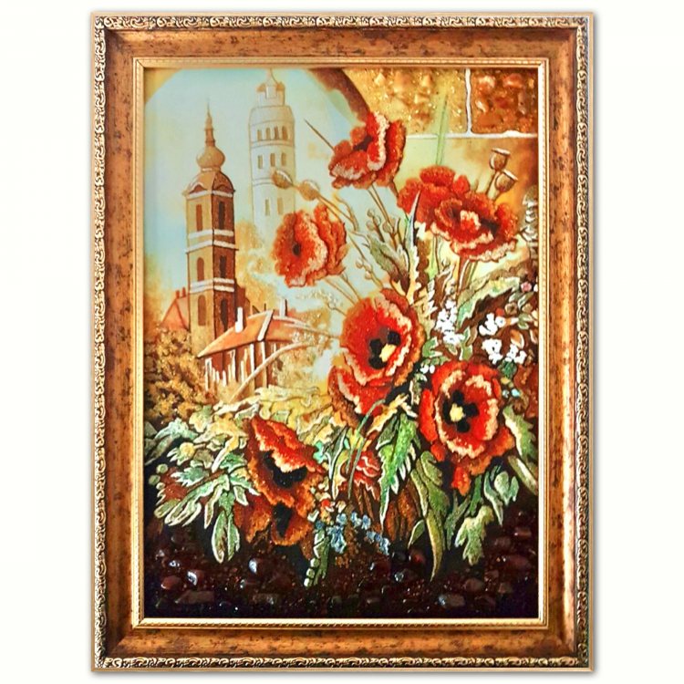 Картина Букет из маков из янтаря