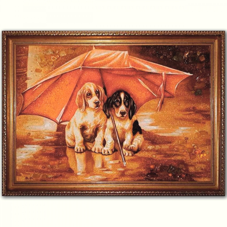 Картина - Милые собачки под зонтом из янтаря