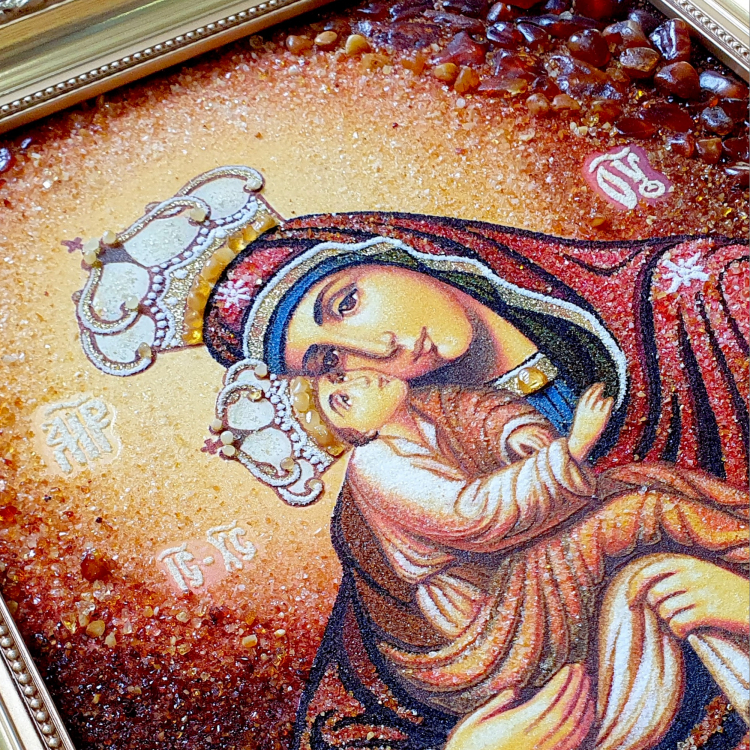 Икона Почаевская Богородица из янтаря