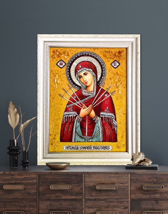 Икона Семистрельная (Умягчение злых сердец) из янтаря