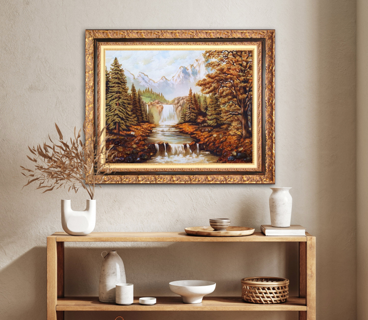 Пейзаж "Весенний водопад" из янтаря