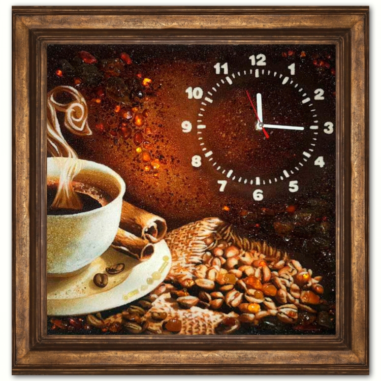 Картина Чашка кофе (часы) из янтаря