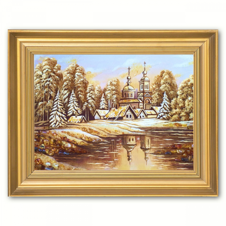 Пейзаж - Церковь на берегу озера из янтаря