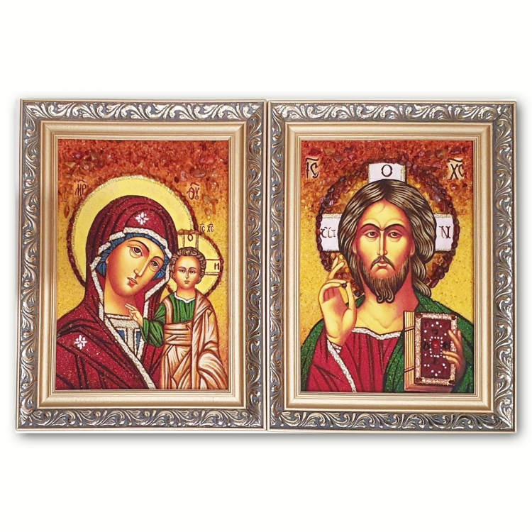 Икона Иисус Христос и Богородица Казанская из янтаря