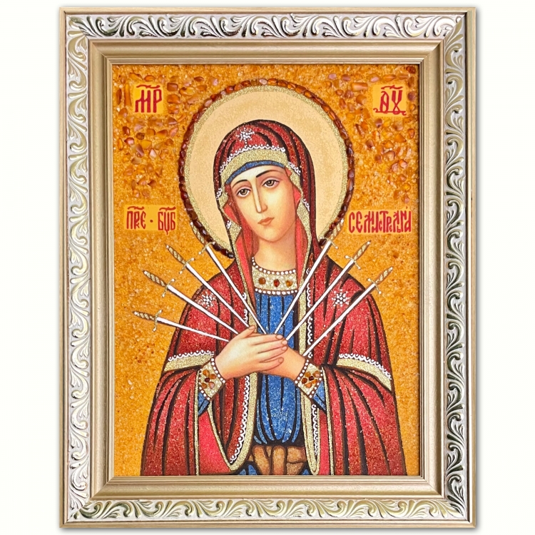 Святая икона Семистрельная Богородица из янтаря