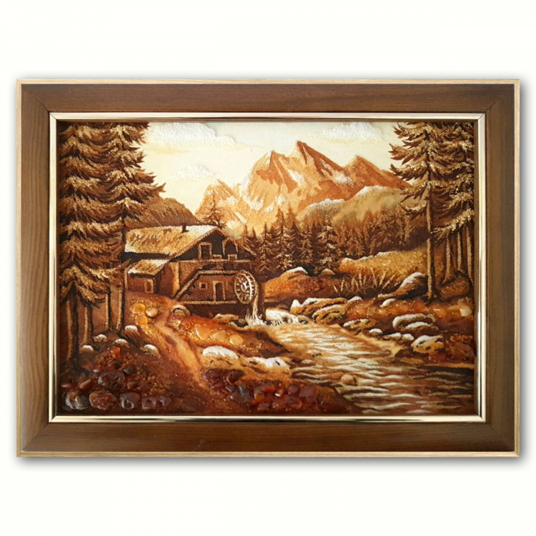 Пейзаж - Мельница на горной реке из янтаря