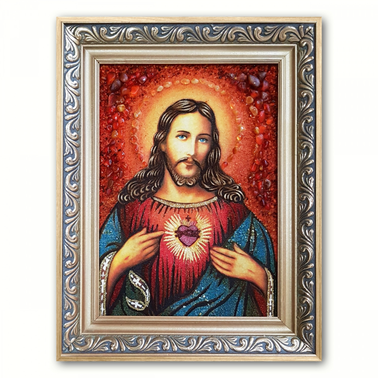 Католическая икона Непорочное Сердце Иисуса из янтаря