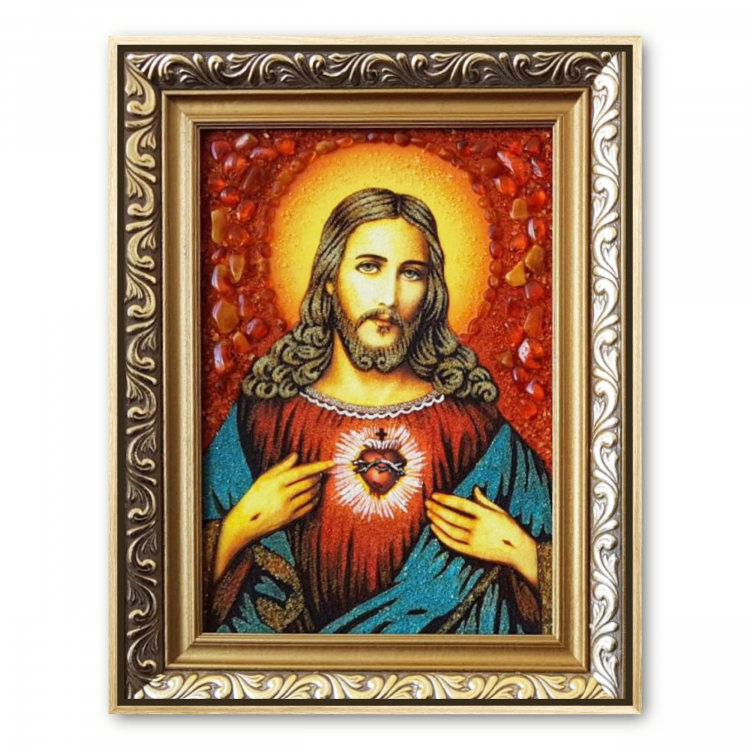 Католическая икона Непорочное Сердце Иисуса из янтаря