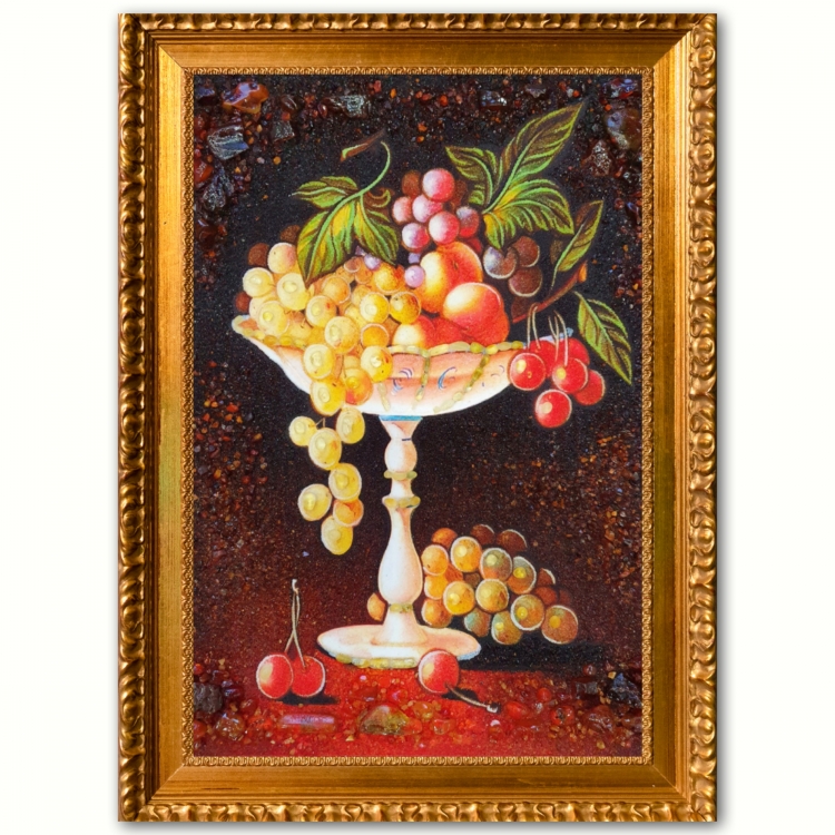 Картина Ваза с виноградом и персиками из янтаря