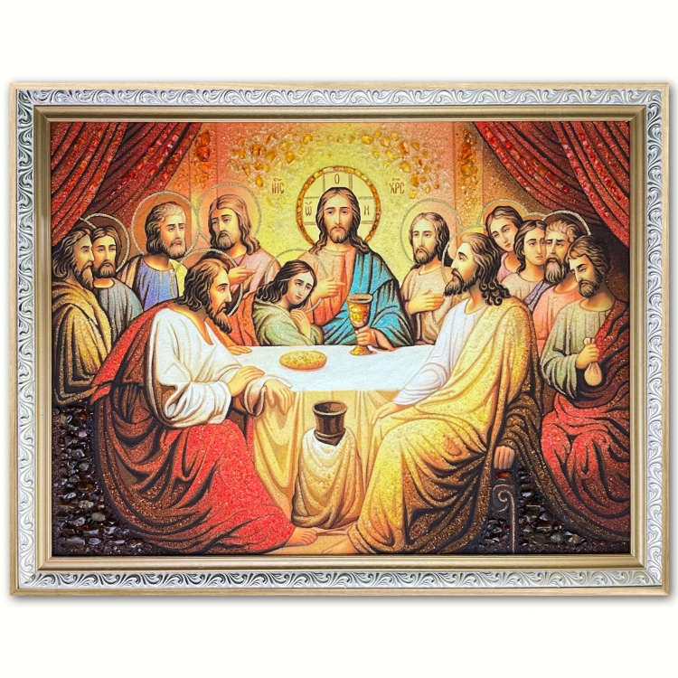 Православная икона - Тайная Вечеря (красные шторы) из янтаря