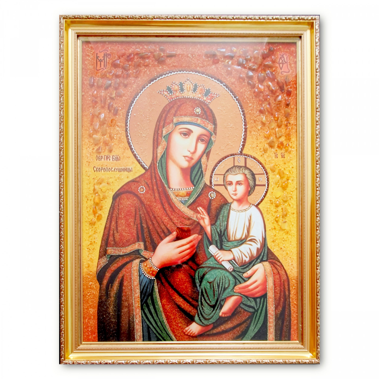 Икона Богородица Скоропослушница из янтаря