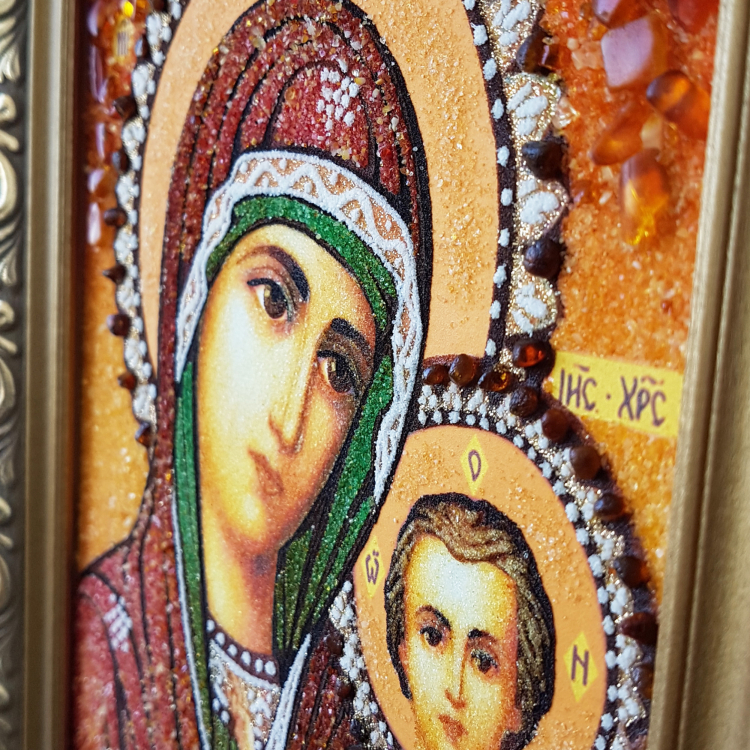 Пара  Христос и Богородица Казанская из янтаря