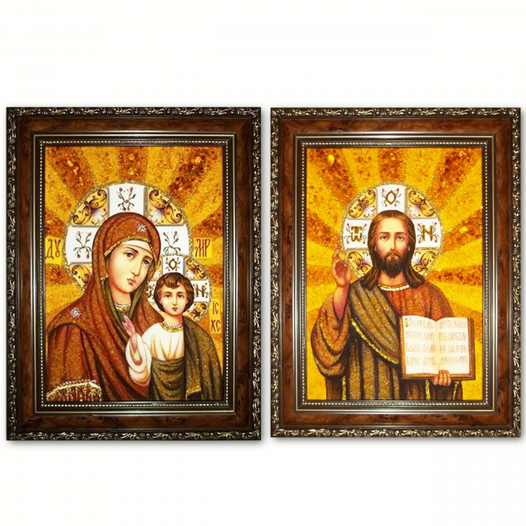 Спаситель и Богородица Казанская из янтаря