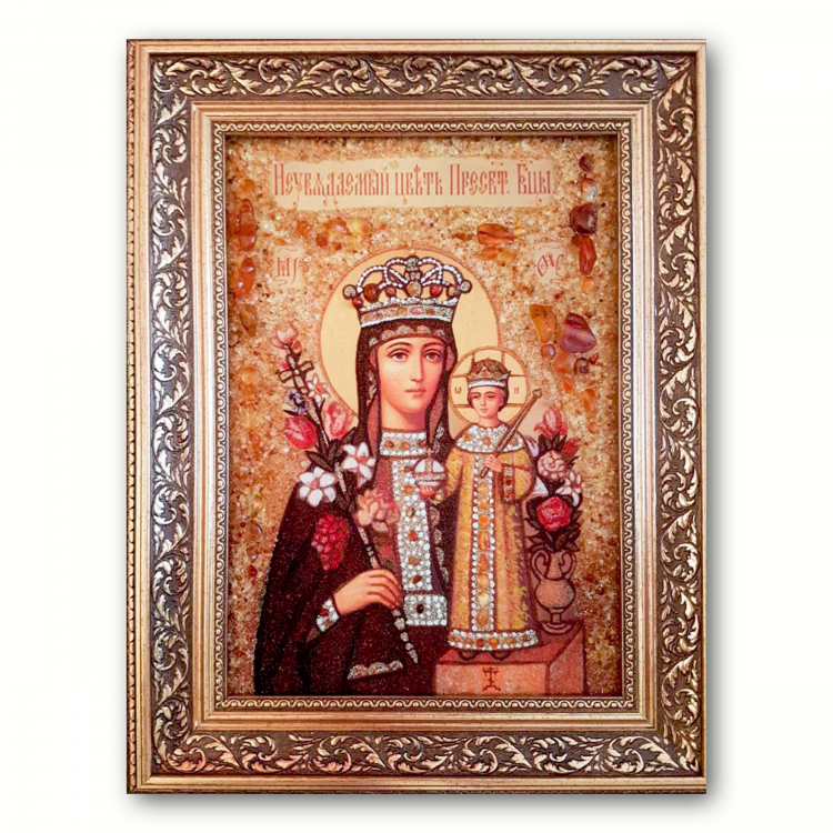 Красивая икона Богородицы Неувядаемый цвет из янтаря