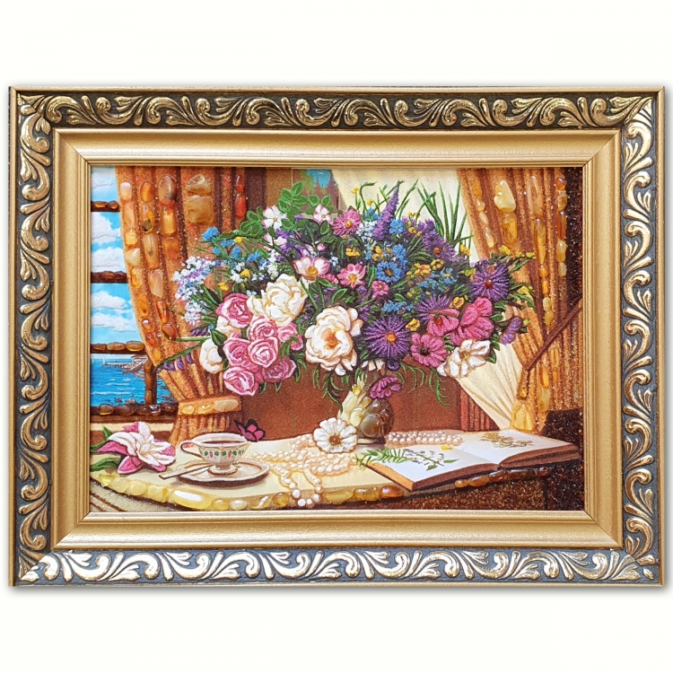 Картина Полевые цветы в вазе из янтаря