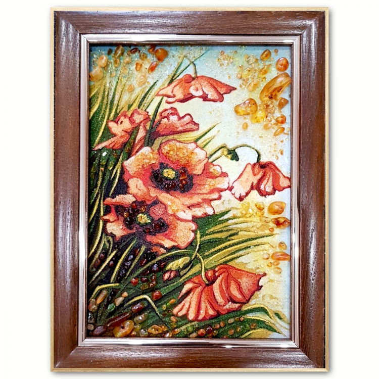 Картина Маки в янтарной росе из янтаря