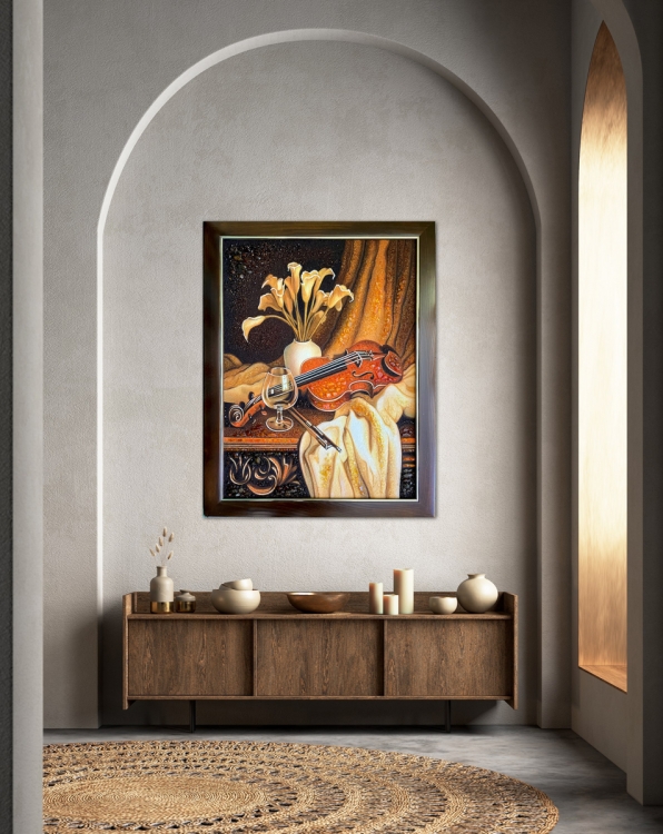 Картина Скрипка и букет белых калл из янтаря