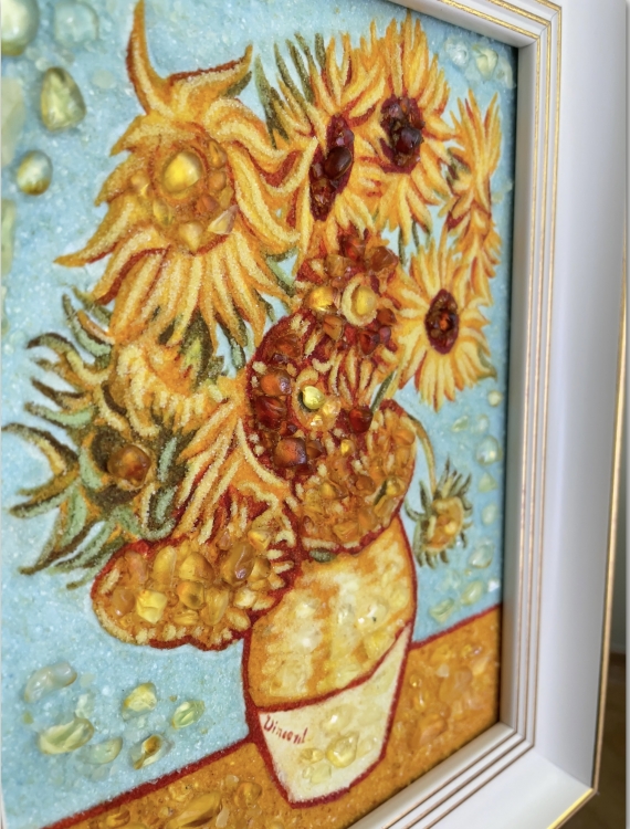 Картина - Репродукция Подсолнухи (ван Гог) из янтаря