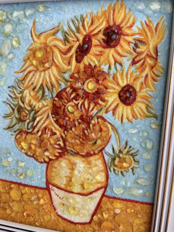 Картина - Репродукция Подсолнухи (ван Гог) из янтаря