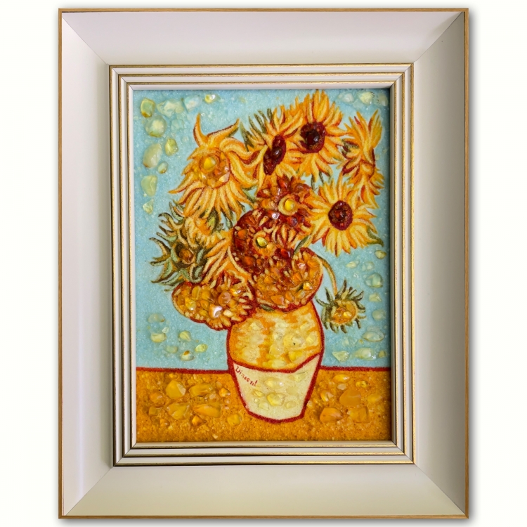 Картина - Репродукция Подсолнухи (ван Гог) из янтаря