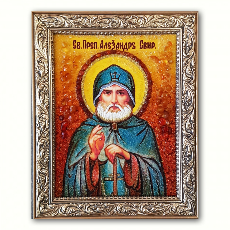 Икона Святой преподобный Александр Свирский из янтаря