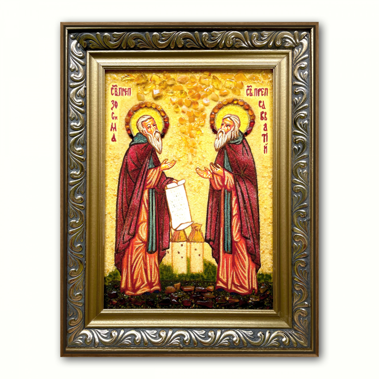 Икона Зосима и Савватий Соловецкие из янтаря