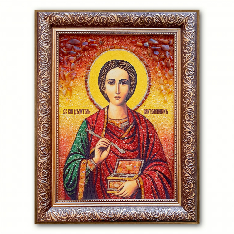 Икона Великомученик и целитель Пантелеймон из янтаря