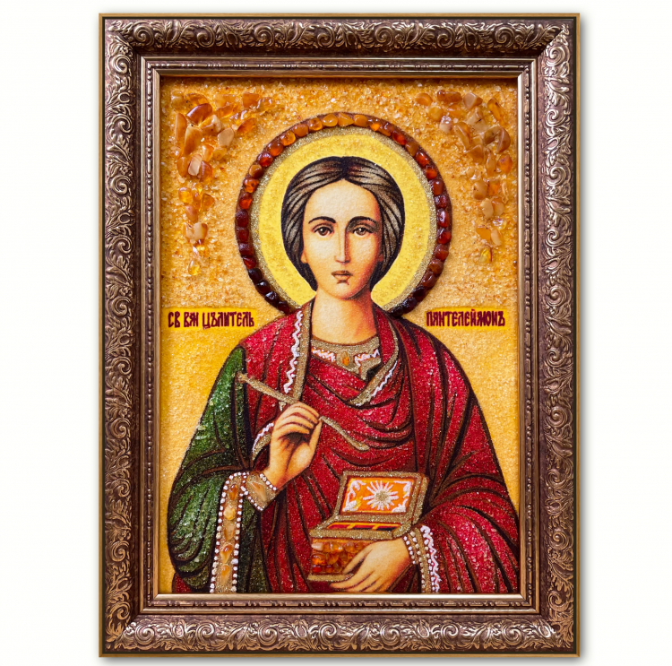 Икона Великомученик и целитель Пантелеймон из янтаря