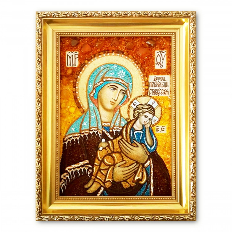 Икона ﻿Богородица Старорусская из янтаря
