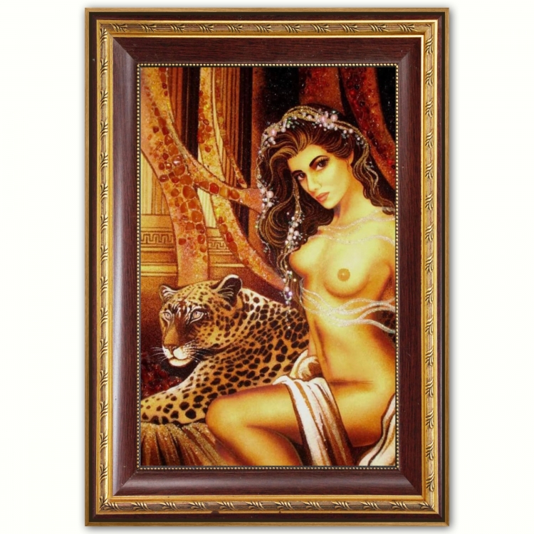 Картина - Девушка Ню с леопардом из янтаря