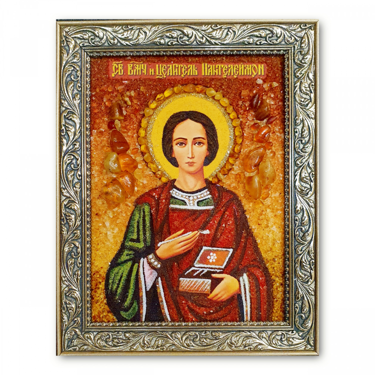 Икона Святой целитель Пантелеймон из янтаря