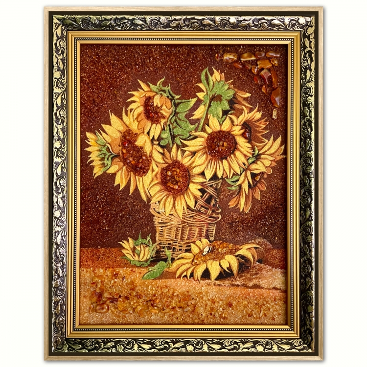 Картина Подсолнухи в плетёной вазе из янтаря