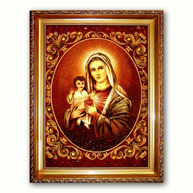 Католическая икона Богоматерь с Младенцем из янтаря