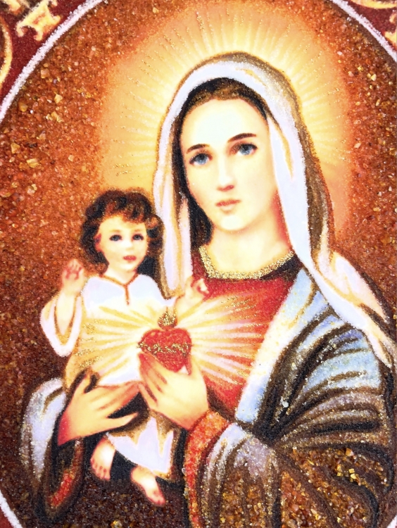 Католическая икона Богоматерь с Младенцем из янтаря