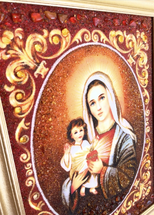 Католическая икона Богоматерь с Младенцем из янтаря