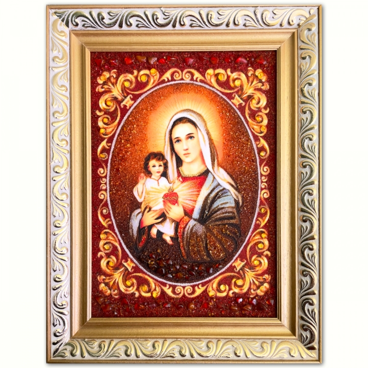 Католическая икона Богоматерь с Младенцем из янтаря