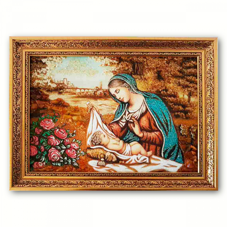 Икона Богородица с Младенцем из янтаря