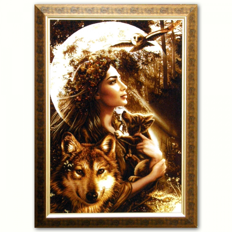 Картина - Девушка с волком из янтаря