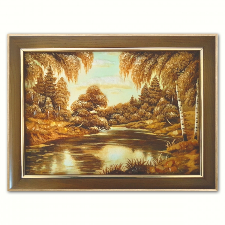 Картина Березы у реки из янтаря