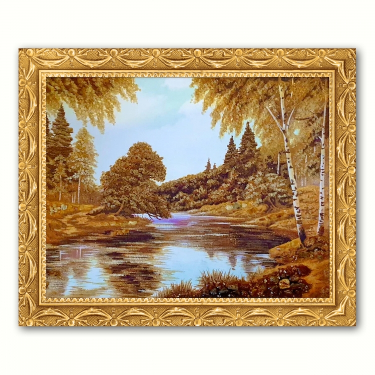Картина Березы у реки из янтаря