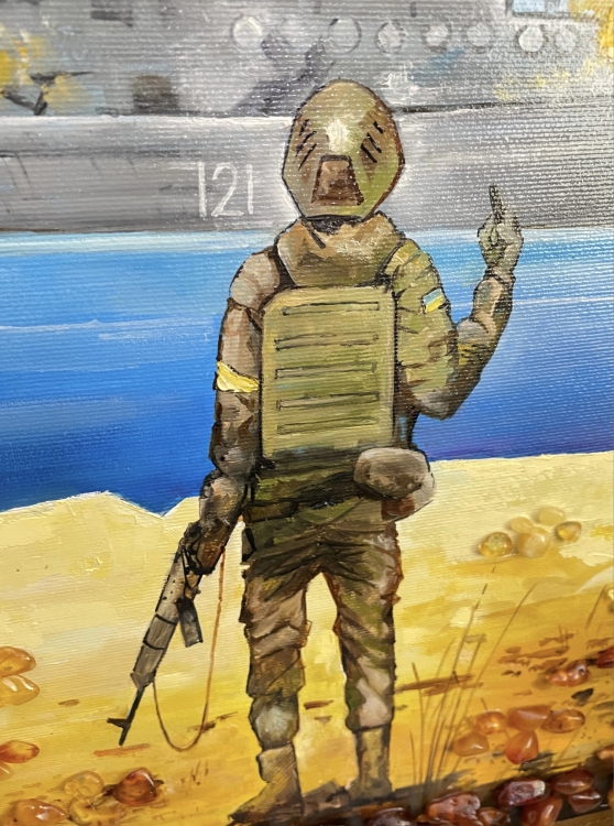 Картина Марка русский военный корабль иди  (на холсте масло и янтарь) из янтаря