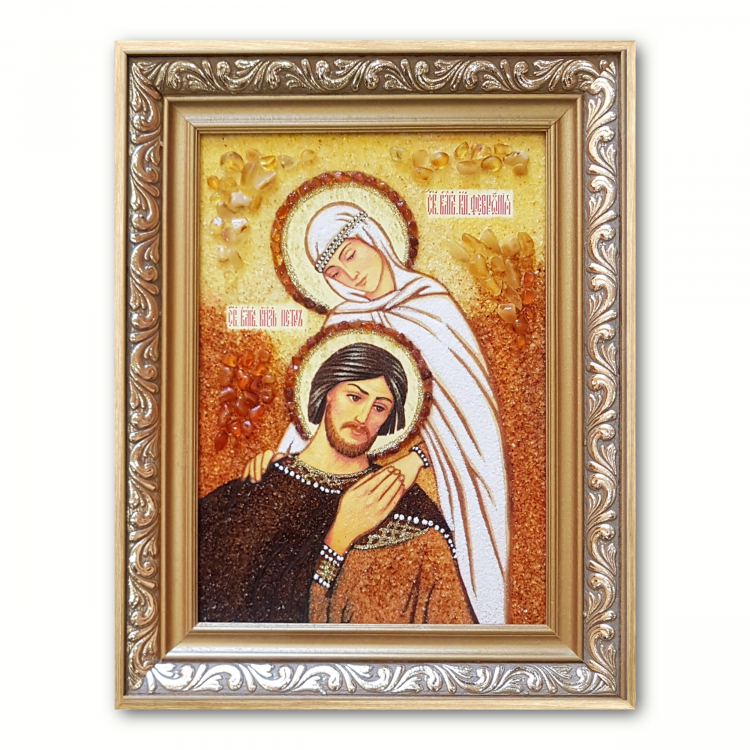 Икона Петра и Февронии из янтаря