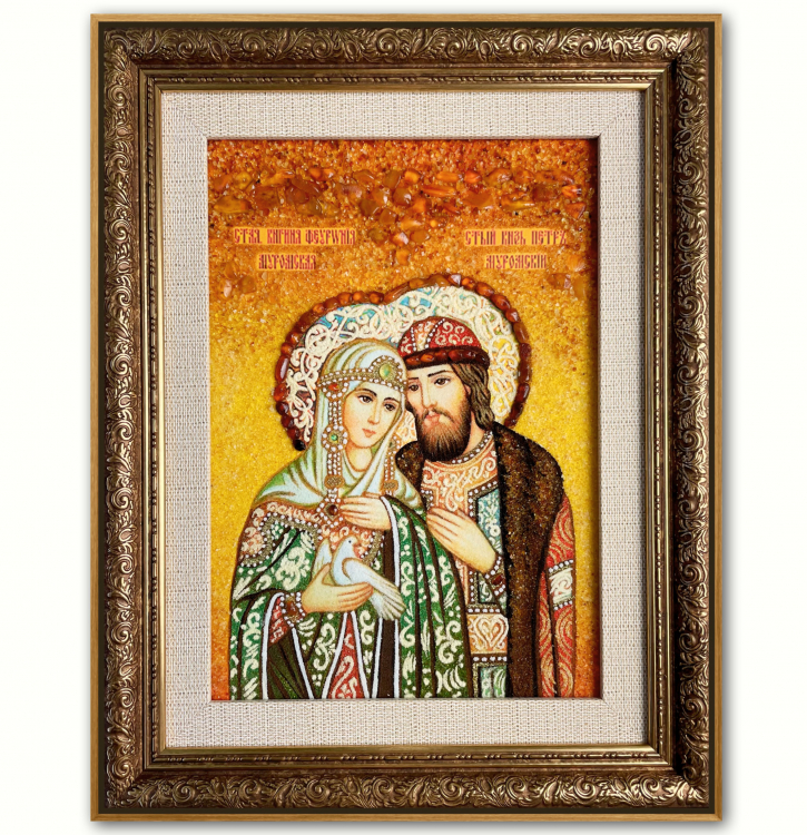 Икона Петр и Феврония Муромские из янтаря