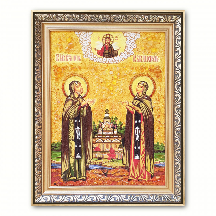 Икона Святые Петр и Феврония из янтаря