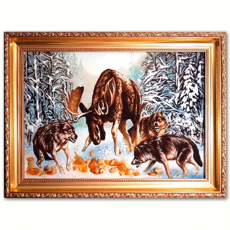 Картина Волки и лось Т. Данчуровой из янтаря