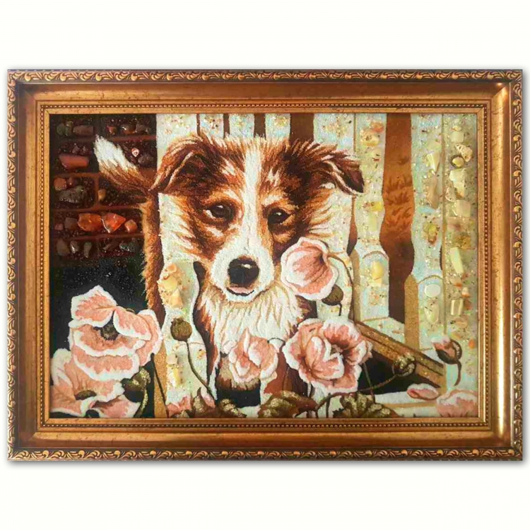 Картина Милая собачка в цветах из янтаря