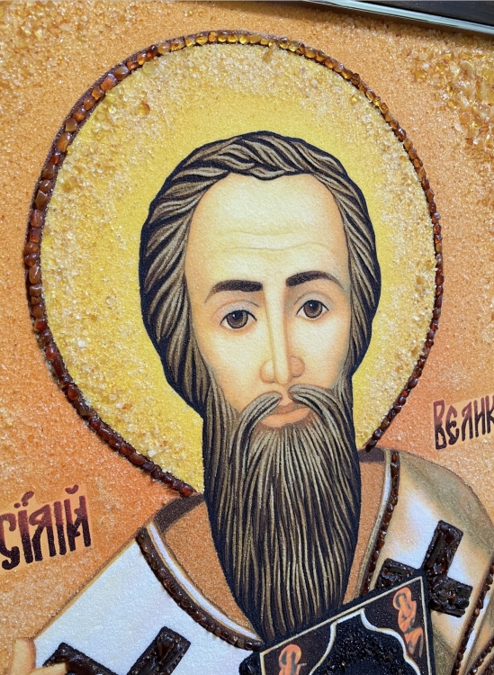 Икона Архиепископ Василий Великий из янтаря