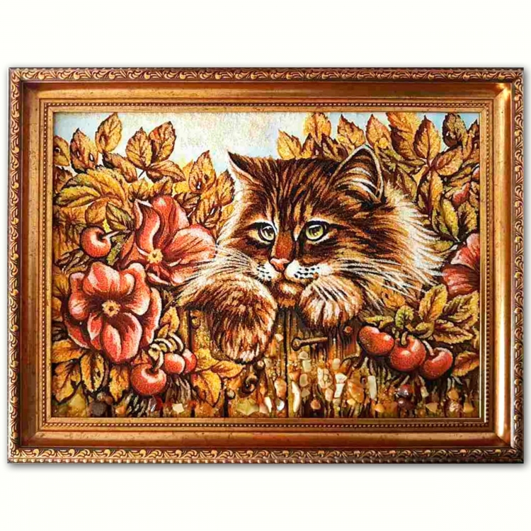Картина Кот - садовод из янтаря