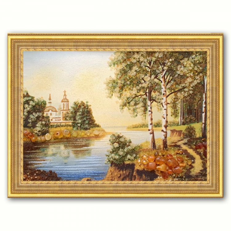 Пейзаж - Церковь у реки из янтаря